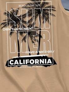 Tween Boys' Casual Minimalist Round Neck Tank Top, Classic Palm Tree Print, Suitable For Summer, Beach, Vacation - Camel - View 5