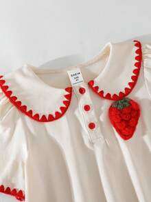 THE HAPPY LOOK Young Girl Strawberry Print Peter Pan Collar Short Sleeve Waist Tie Casual Dress - Apricot - View 3
