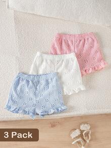 Bộ 3 quần short rộng rãi, thoải mái cho bé gái, chất liệu vải dệt kim họa tiết hoa mềm mại, thoáng khí, cạp chun co giãn với viền bèo nhún, màu hồng và trắng trơn, nhiều lựa chọn, giá cả phải chăng, phù hợp cho mùa xuân/hè/dã ngoại/nghỉ mát. - Nhiều màu - Xem 4