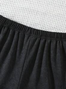 SHEIN 少女圆领短袖T恤和阔腿裤套装 - 黑色 - 查看 6
