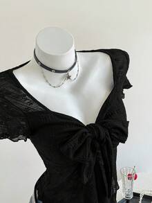 SHEIN Unity Women's Black Textured Mesh Bow Tie-Up V Neck Short Sleeve Sexy Tee, Versatile - Black - View 4