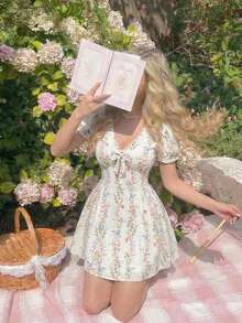 SHEIN MOD 大码女式碎花蝴蝶结装饰短款花瓣袖连衣裙 - 粉色 - 查看 7