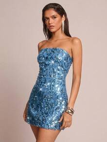 Glamine 女士亮片拼接纯色无肩带迷你连衣裙 - 淺藍色 - 查看 6