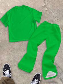 Tween Boy Green Summer Streetwear City Break Graphic Print Round Neck Short Sleeve T-Shirt And Flare Pants Set,Y2K Kids Legend Activewear Outfit - Multicolor - View 3