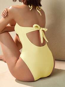 Swim Basics 女士简约时尚假日可爱蝴蝶结褶皱三角杯连体泳衣，海滩度假 - 淡黃色 - 查看 2