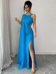 SHEIN Elenzya Women's Elegant Hollow Out Ruched Slit Flowy Dress Slit Dress Long Blue Dress One Shoulder Dress Elegant Occasion Dresses For Women Luxury Dresses For Women - Lake Blue - View 3