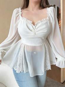 Vibekara New Arrival Sweet Elegant Chiffon & Lace Patchwork Puff Sleeve Blouse, Ruffle Hem Cropped Shirt For Women, Slim Fit - White - View 1