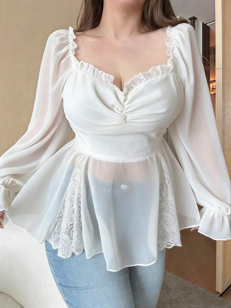 Vibekara New Arrival Sweet Elegant Chiffon & Lace Patchwork Puff Sleeve Blouse, Ruffle Hem Cropped Shirt For Women, Slim Fit - White - View 1