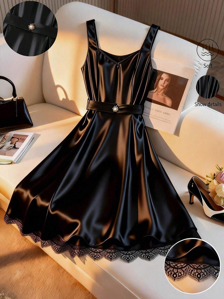 GlowEve CURVE Elegant Satin Button Waist Belt Contrast Lace Plus Size Dress For Women - Black - View 1