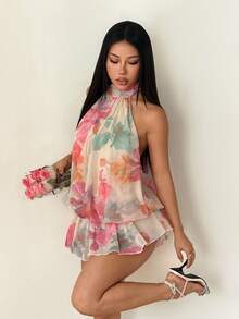 SHEIN PETITE Đầm ngắn màu vàng nhạt thanh lịch dành cho nữ, kiểu cổ yếm, buộc dây, thích hợp cho mùa hè, đi nghỉ mát, họa tiết hoa. - Nhiều màu - Xem 5