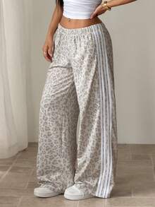 SHEIN PETITE 女士弹力腰带休闲百搭通勤阔腿运动裤猎豹纹印花裤 - 彩色 - 查看 4