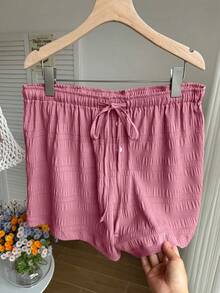 SHEIN EZwear Plus Size Pastel Pink,Summer,Smart Casual,Everyday Textured Tie-Waist Shorts,Ruffle Gingham Striped Checkered Plaid Casual Shorts With Pockets - Watermelon Pink - View 4
