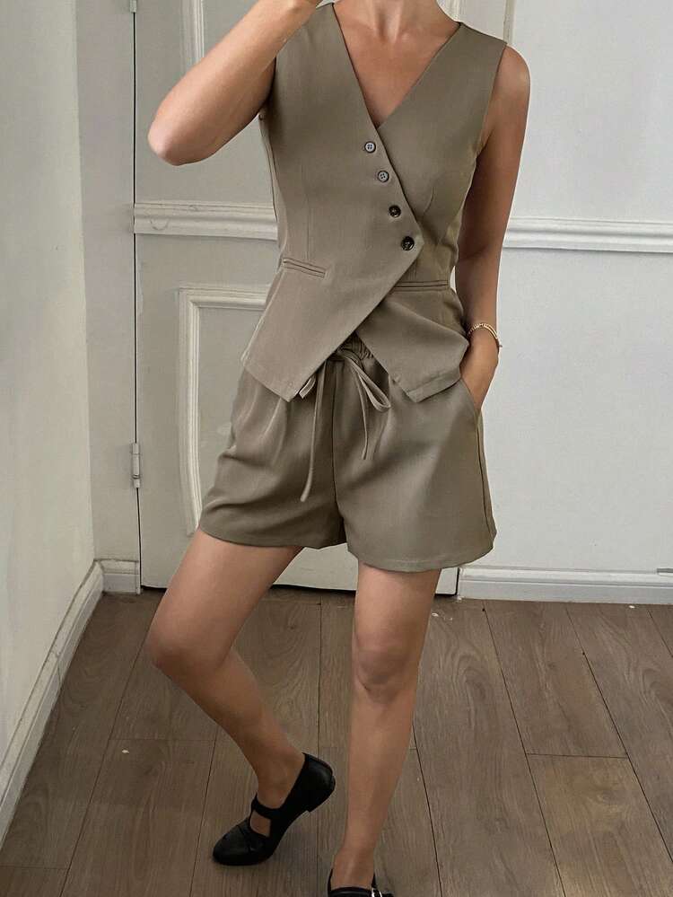 Women's Fashion Solid Color Asymmetric Collar Tank Top & Shorts 2 Pieces Set