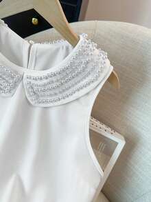 GlowEve CURVE Plus Size Women's Elegant Patchwork Collar Beaded Solid Color Sleeveless Fitted Tank Top, Spring/Summer - White - View 7