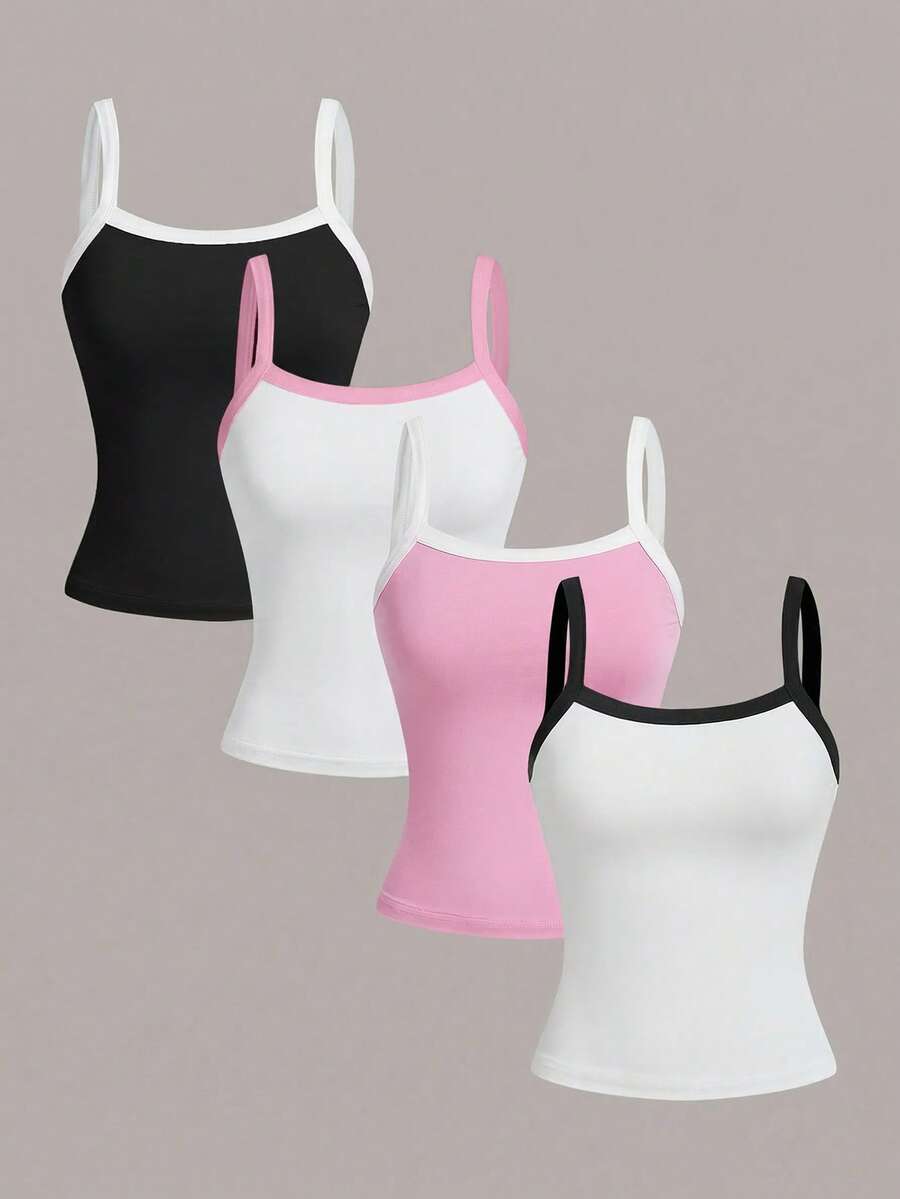 SHEIN Girlism Áo camisole thể thao mùa hè cho nữ tuổi teen, phối màu đen trắng hồng xanh dương, bộ 4 áo vest, áo thun tennis. - Nhiều màu - Xem 1