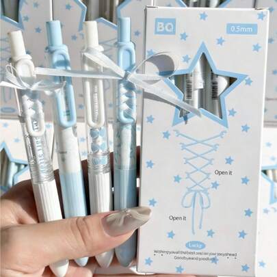 8pcs INS Aesthetic Blue Ballet Design Retractable Gel Ink Pen With Strap, 0.5mm Quick Dry Black Ballpoint Pen For Student Study & Office Use