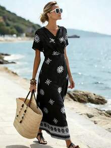 Breezaya 女士优雅复古定位印花V领短袖收腰A字连衣裙，春夏款 - 黑色 - 查看 1