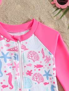 SHEIN Baby Girl Cartoon Print Ruffle Zipper Long Sleeve Cute Stretch Contrast Color One-Piece Swimsuit, Suitable For Beach Holiday Swimming - Multicolor - View 3