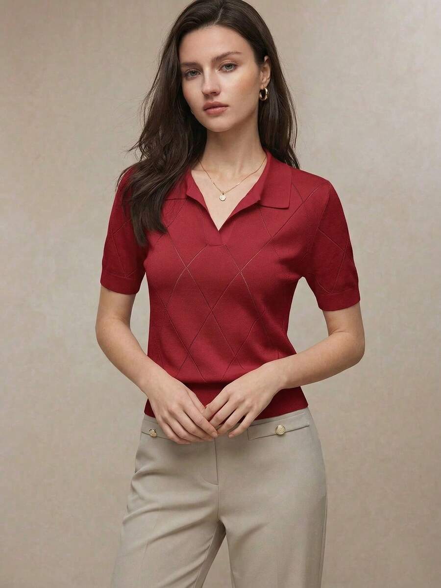 SHEIN BIZwear 春夏新款绿色 Polo 领菱形针织设计女士长袖套头毛衣，时尚优雅，适合都市通勤、日常穿着，浪漫的 90 年代复古风，也适合圣诞节、新年、情人节、派对、海滩、毕业典礼、时尚、节日、假日、婚礼宾客、早午餐、机场等多种场合。