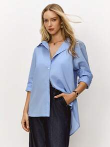 Daynim 纯色纽扣衬衫 - 藍色 - 查看 5