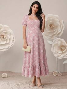 SHEIN Pregnant Women's Jacquard Pleated Fashionable Party Dress, Suitable For Summer - Dusty Pink - View 4