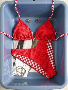 Swim Mod Conjunto de bikini lindo a cuadros con conchas y estrellas de mar para vacaciones de playa primavera/verano 2026 - Rojo - Ver 3