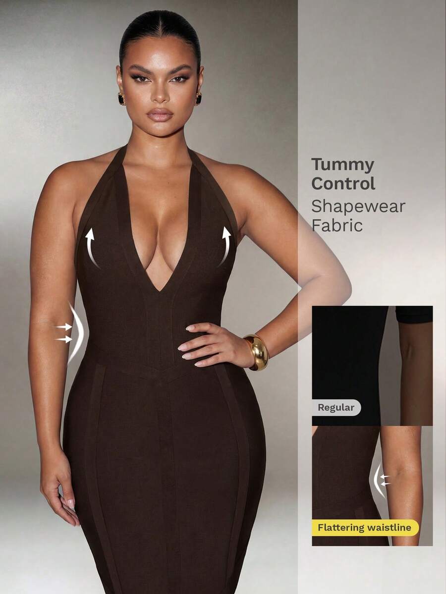 Nuvra Plus Size Sexy V-Neck Backless Bandage Bodycon Dress - Coffee Brown - View 1