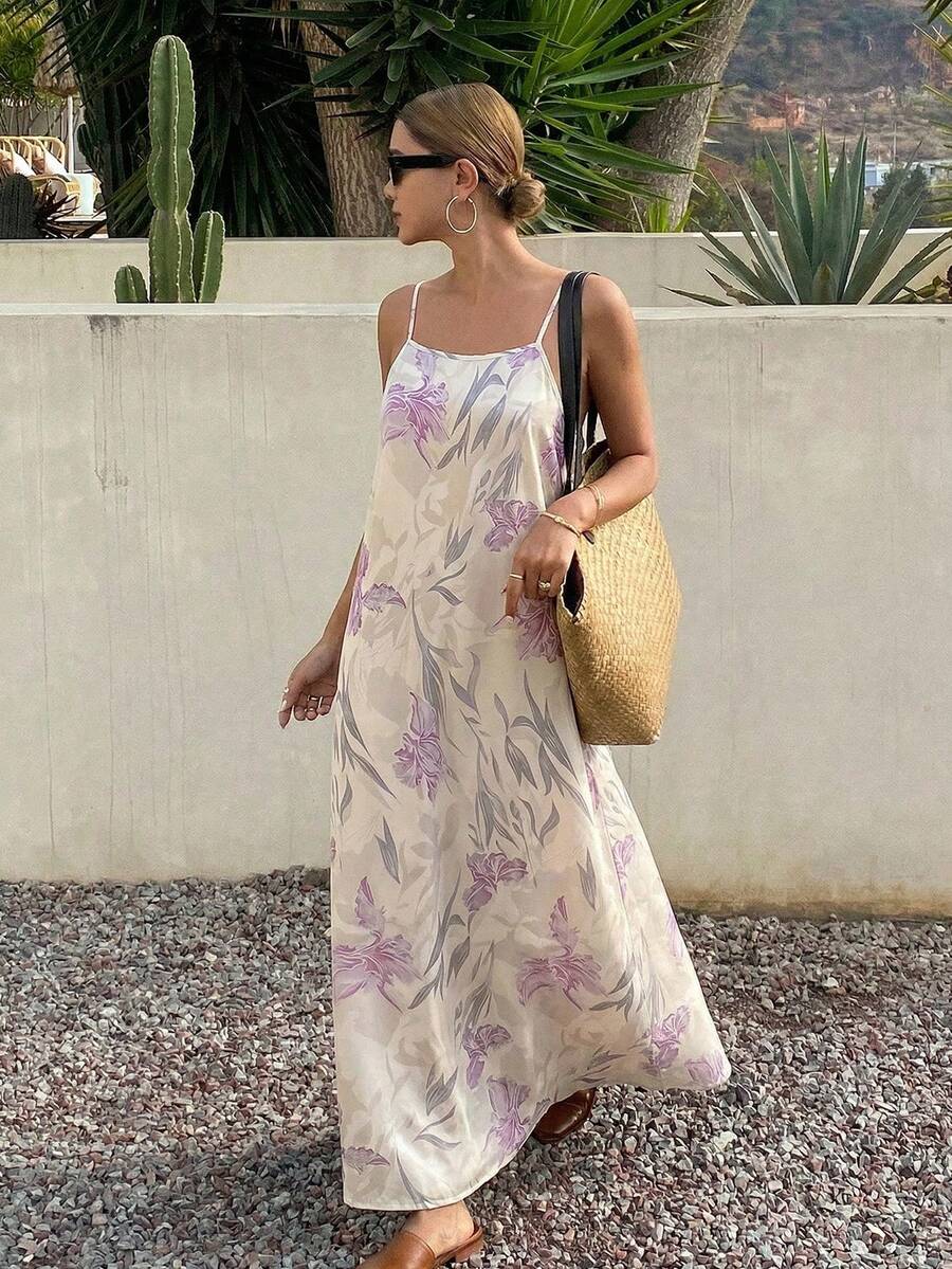 DAZY Vacation Style Floral Allover Print Lightweight Long Slip Dress For Women Pajama, Moo Moo - Purple - View 1