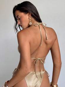 Aloruh Women's Champagne Bikini Set,Elegant Mini Triangle Cup Beaded Satin Swimsuit,White,Summer,Casual,Beach,Holiday,Vacation,Holiday Party Outfit - Champagne - View 2
