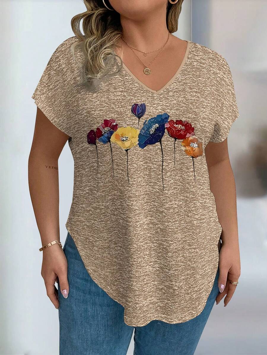 EMERY ROSE Áo thun tay ngắn cổ chữ V in hoa cỡ lớn, kiểu dáng thường ngày. - Nhiều màu - Xem 1