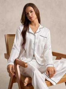 Contrast Piping Satin Pajama White Set, Fall Winter Clothes Cozy And Elegant Details - White - View 1