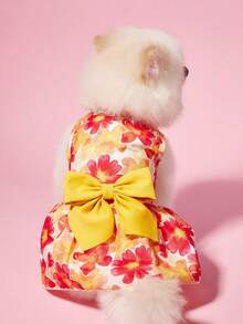 PETSIN 1pc Colorful Small Flowers And Red And Yellow Chrysanthemums With Bow Print Pet Dress, Gentle And Breathable Summer Vacation Style Sleeveless Pet Clothing - Multicolor - View 9