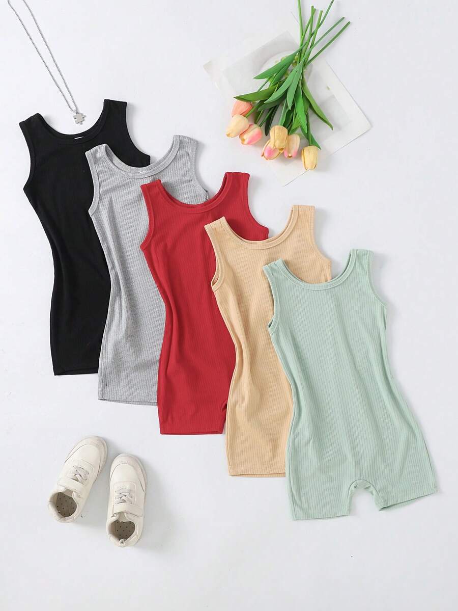 SHEIN Young Girls Casual Solid Color Ribbed Jumpsuit - Multicolor - View 1