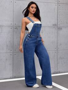 SHEIN Tall Quần yếm denim dáng rộng, màu trơn, có túi xéo, thích hợp cho nữ. - Rửa tối - Xem 5