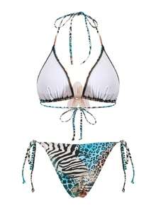 Swim Vcay Bộ đồ bơi 3 món Xuân/Hè: Áo hai dây không gọng in kỹ thuật số, quần bơi buộc dây bên hông và chân váy dài bằng lưới, bộ đồ bơi đi biển dành cho nữ. - Nhiều màu - Xem 5