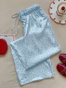 SHEIN EZwear 女士休闲浅蓝色豹纹抽绳腰宽松阔腿裤 - 藍色 - 查看 4