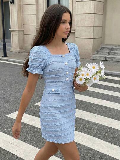 SHEIN 少女纯色仿珍珠休闲度假连衣裙