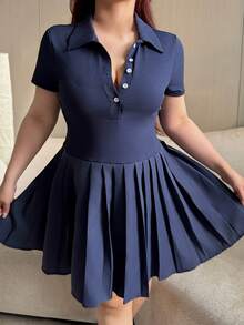 Vibekara Casual Traditional Polo Collar Short Sleeve Pleated Dress Back-To-School Graduation Navy Blue Summer - Navy Blue - View 1