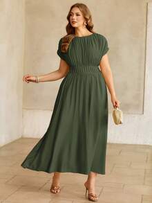Roveilla Plus Size Summer Solid Color Ruched Batwing Sleeve Dress - Army Green - View 3