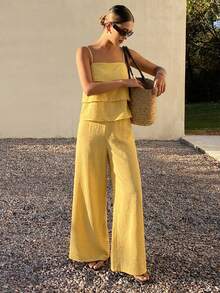 Women's Summer Vacation Yellow Camisole Ruffle Top And Casual Pants 2 Pieces Set Lounge Sets For Women - Yellow - View 4