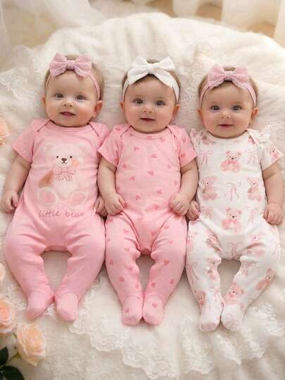 Bộ 3 món áo liền quần tay ngắn bằng vải dệt kim mềm mại cho bé gái sơ sinh, in hình trái tim, đám mây, nơ và gấu hoạt hình.