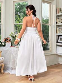Celure Elegant Plus Size White Engagement Wedding Dress With Halter Neck Sleeveless Long Flared Design And Gold Button Detail - White - View 2