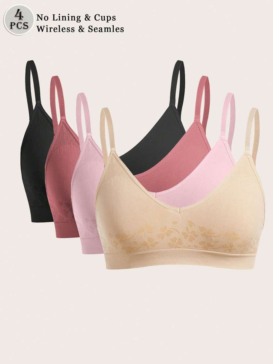 SHEIN 4 Buah Bra Pendek Wanita Motif Bunga Tanpa Jahitan, Tali Bahu yang Dapat Diatur - MultiWarna - View 1