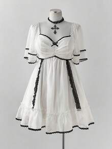 Sunspun Vestido de manga corta con dobladillo acampanado, encaje y tela de organza francesa, estilo dulce, talla grande - Blanco - Ver 4