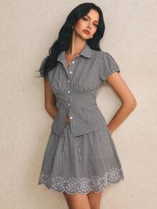Poéselle Set da 2 pezzi da donna con camicia casual in cotone vintage a quadri e gonna con ricamo floreale, set casual da donna, outfit da vacanza per donna, outfit da lavoro e tea festa per donna, outfit da concerto country, gonna da picnic estivo per signore con bordo ricamato, gonna a quadri e gonna per donna e signora, gonna a quadri e gonna a scacchi bianchi e neri - nero - Visualizzare 7