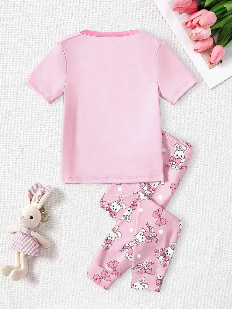 女童单件修身睡衣套装，粉色针织面料，可爱蝴蝶结兔子印花短袖上衣和长裤，春夏款 - 粉色 - 查看 2