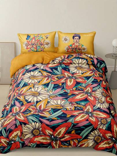 Frida Kahlo X SHEIN 3Pc Frida Full Version Flower Print Quilt Set, Sanded Material, Soft And Warm, Multiple Sizes, Suitable For Single Bed/Double Bed/Queen Bed/King Bed, Machine Washable
