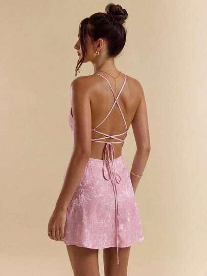 SHEIN BAE Floral Jacquard Halter Backless A-Line Sexy Elegant Dress, Suitable For Party, Vacation, Banquet, Wedding, Night Out, Romantic Date, Spring/Summer