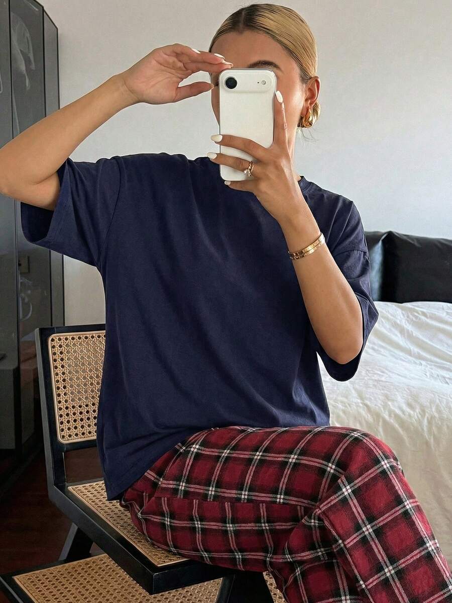 Casual Loose Top And Plaid Pants Loungewear Set, Outfits Pajama - Navy Blue - View 1
