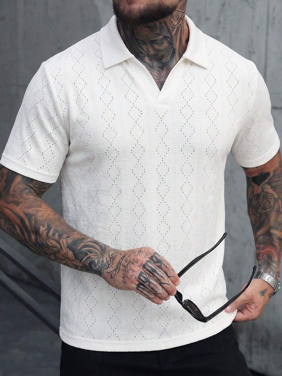 Manfinity CasualCool 男士短袖纹理面料Polo衫，适合居家、外出和节日场合穿着 - 米色 - 查看 1